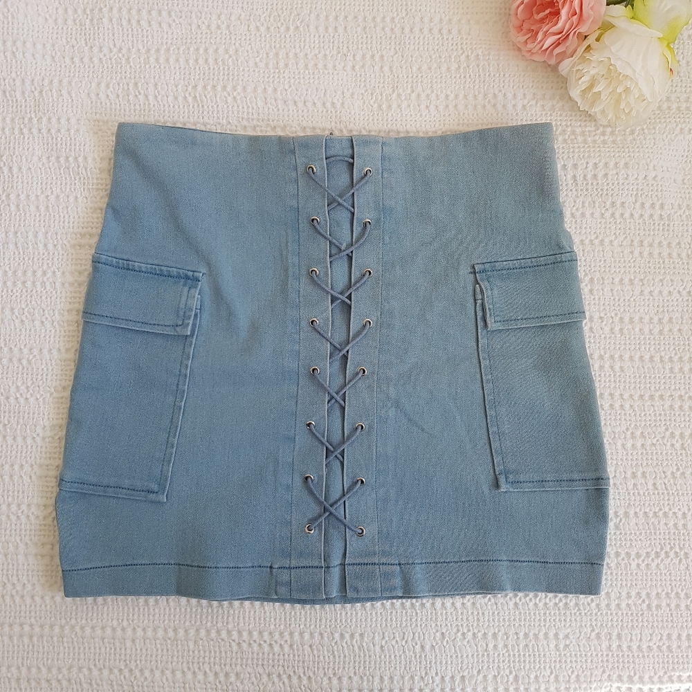 Lace Up Denim Skirt with pockets by Jealous Tomato
